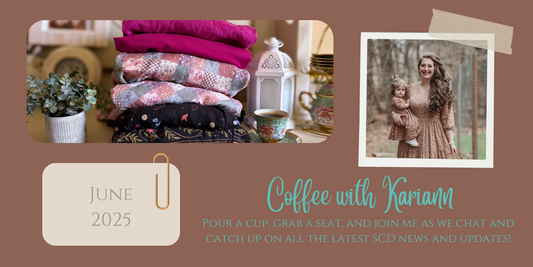 Photo collage of business owner, Kariann, and the dresses from the Field and Flower drop all folded in a stack.