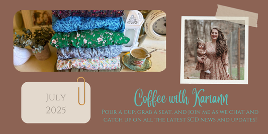 Photo collage of the Summer Soiree Collection dresses all folded in a stack, and the business owner, Kariann.