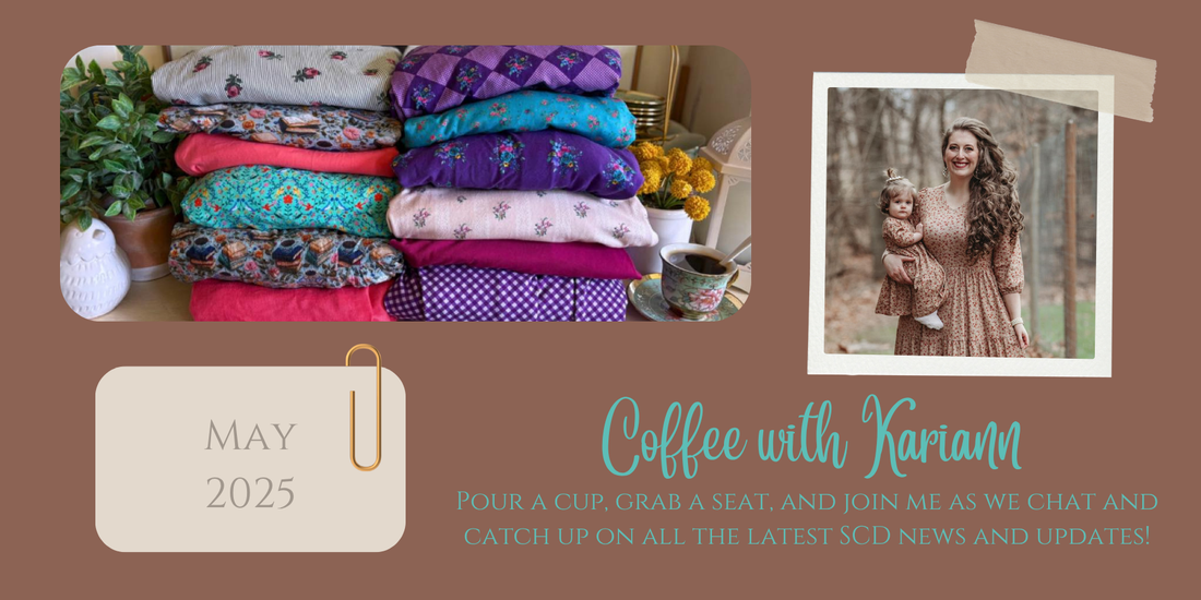 Photo collage of owner, Kariann, and all the dresses from the latest drops folded in two stacks.