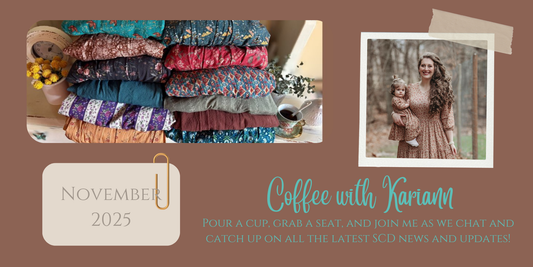 Photo collage of business owner Kariann, and all the Lanternlit collection dresses folded in two stacks.