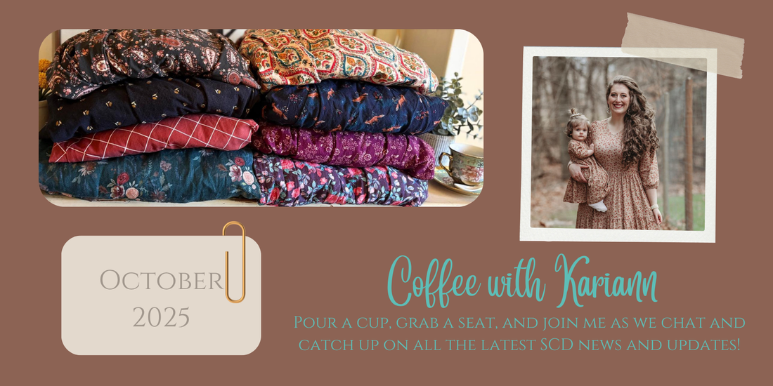 Photo collage of dresses from the Hearth and Thicket collection folded and stacked, and business owner Kariann.