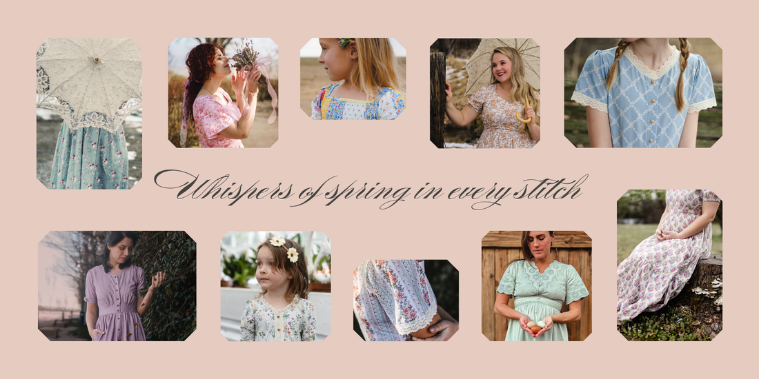 Collage of close-up shots of dresses in the Enchanted Springtine Drop.