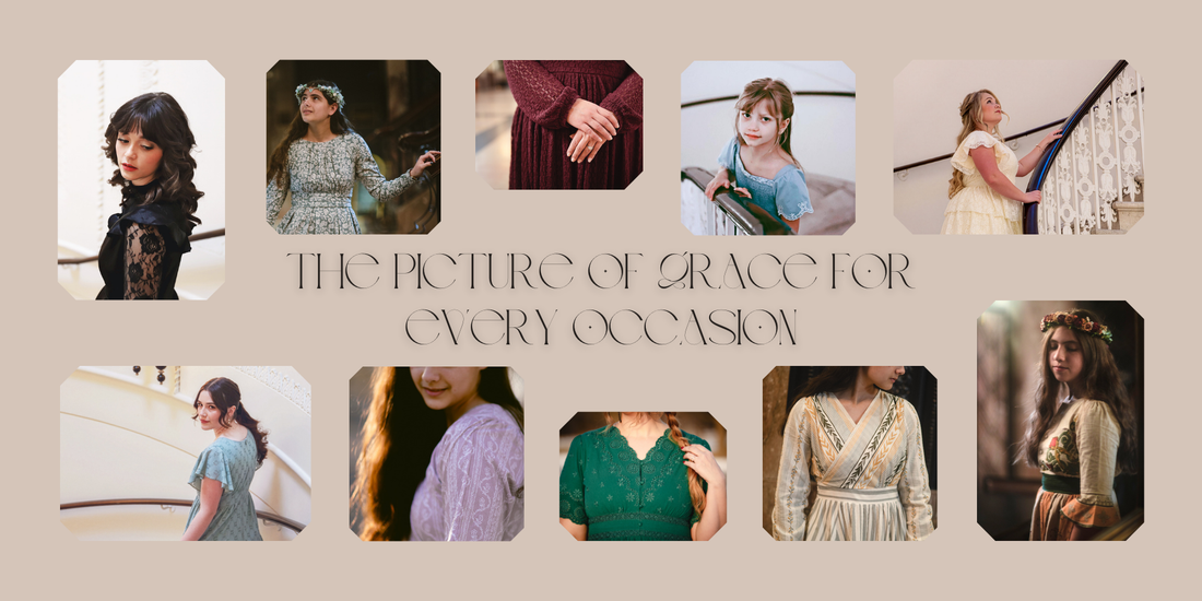 Collage of close-up photos of dresses in the Grace and Elegance collection.