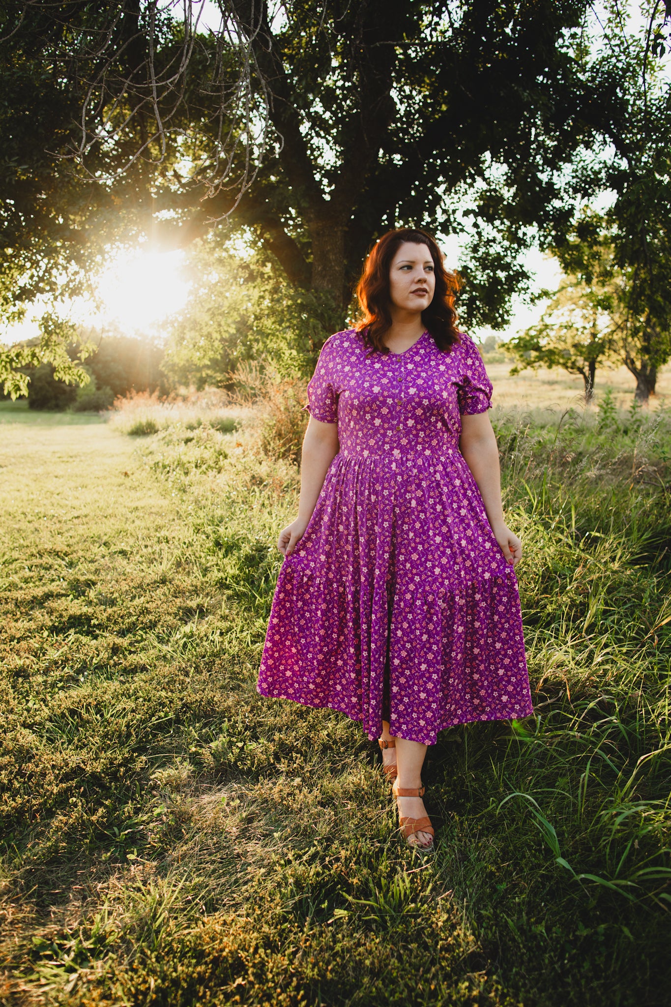 Woman in modest nursing floral dress outdoors
