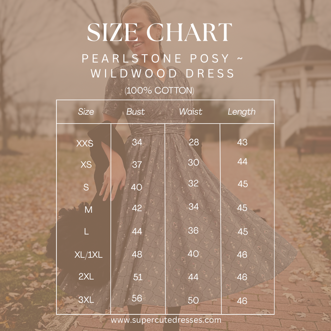 Size chart for a dress with a blurred background of a person wearing the dress outdoors.