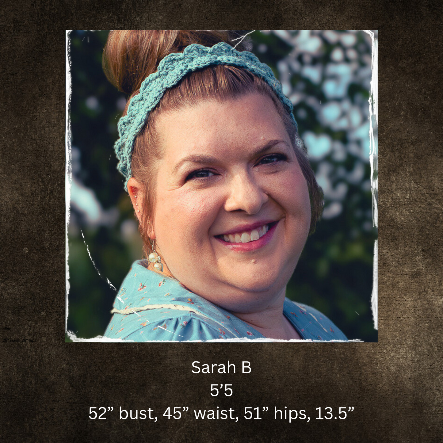 Woman wearing teal headband with measurement text on brown background