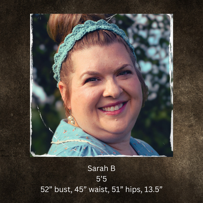 Woman wearing teal headband with measurement text on brown background