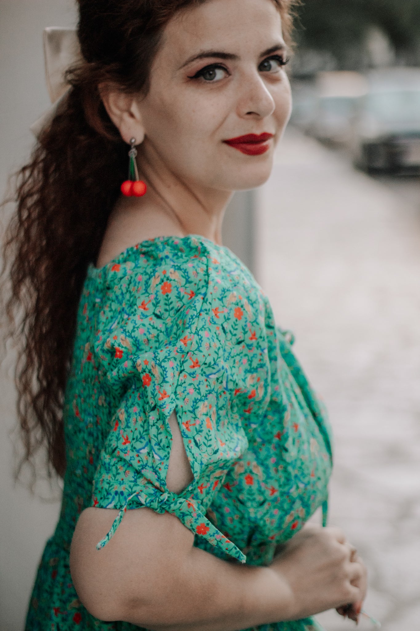 Woman wearing modest nursing dress outdoors