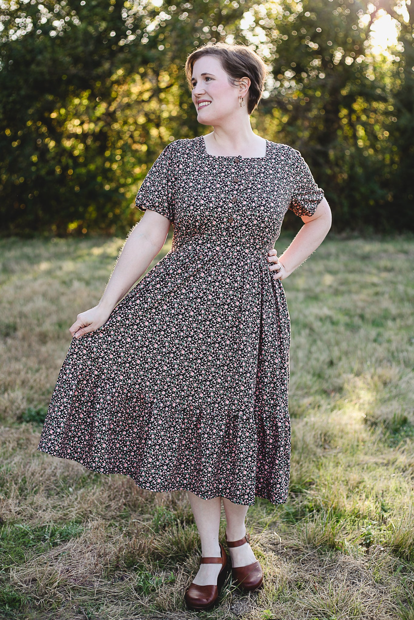 woman wearing a modest nursing floral dress