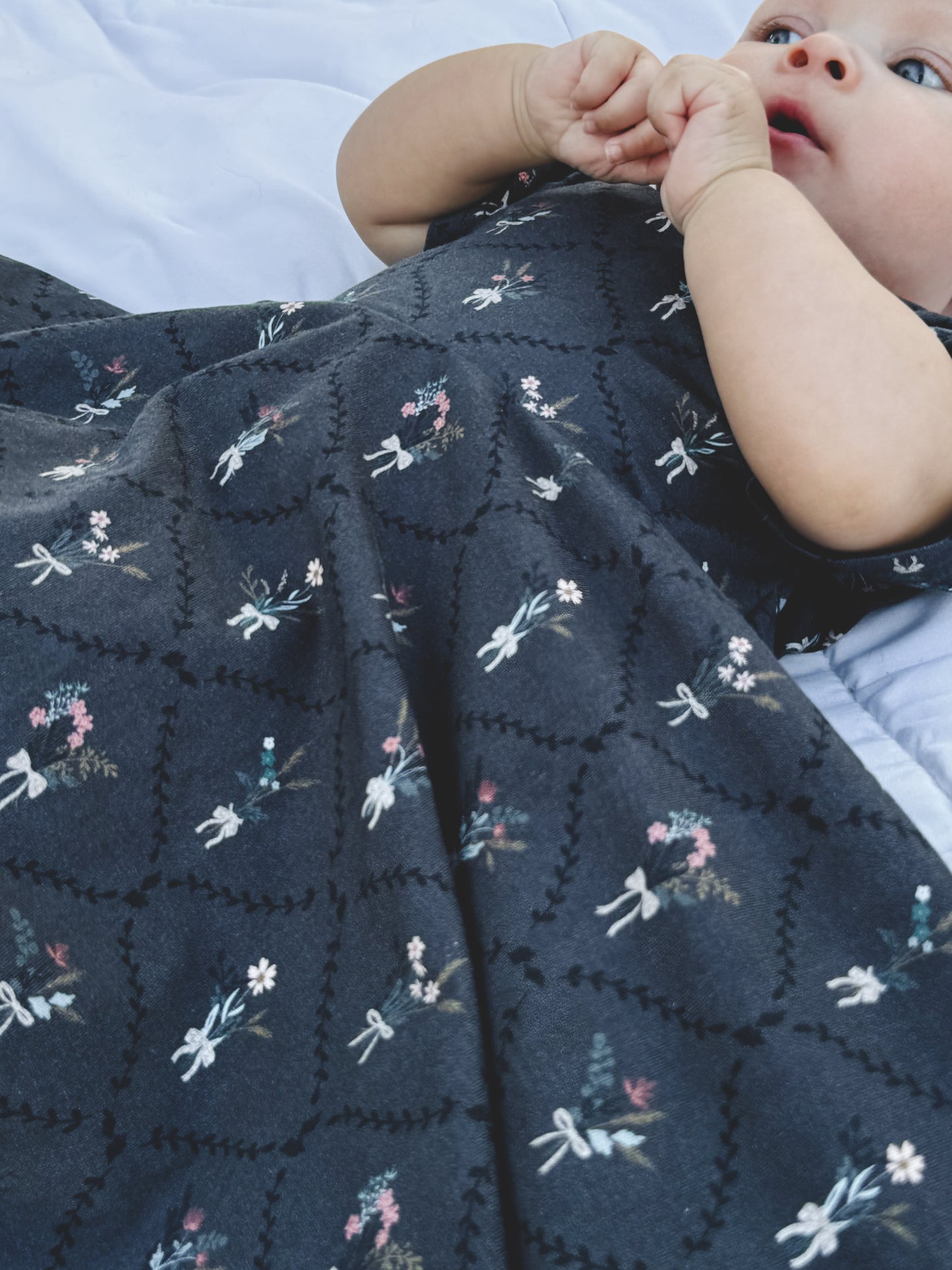 Modest baby dark blue floral dress closeup