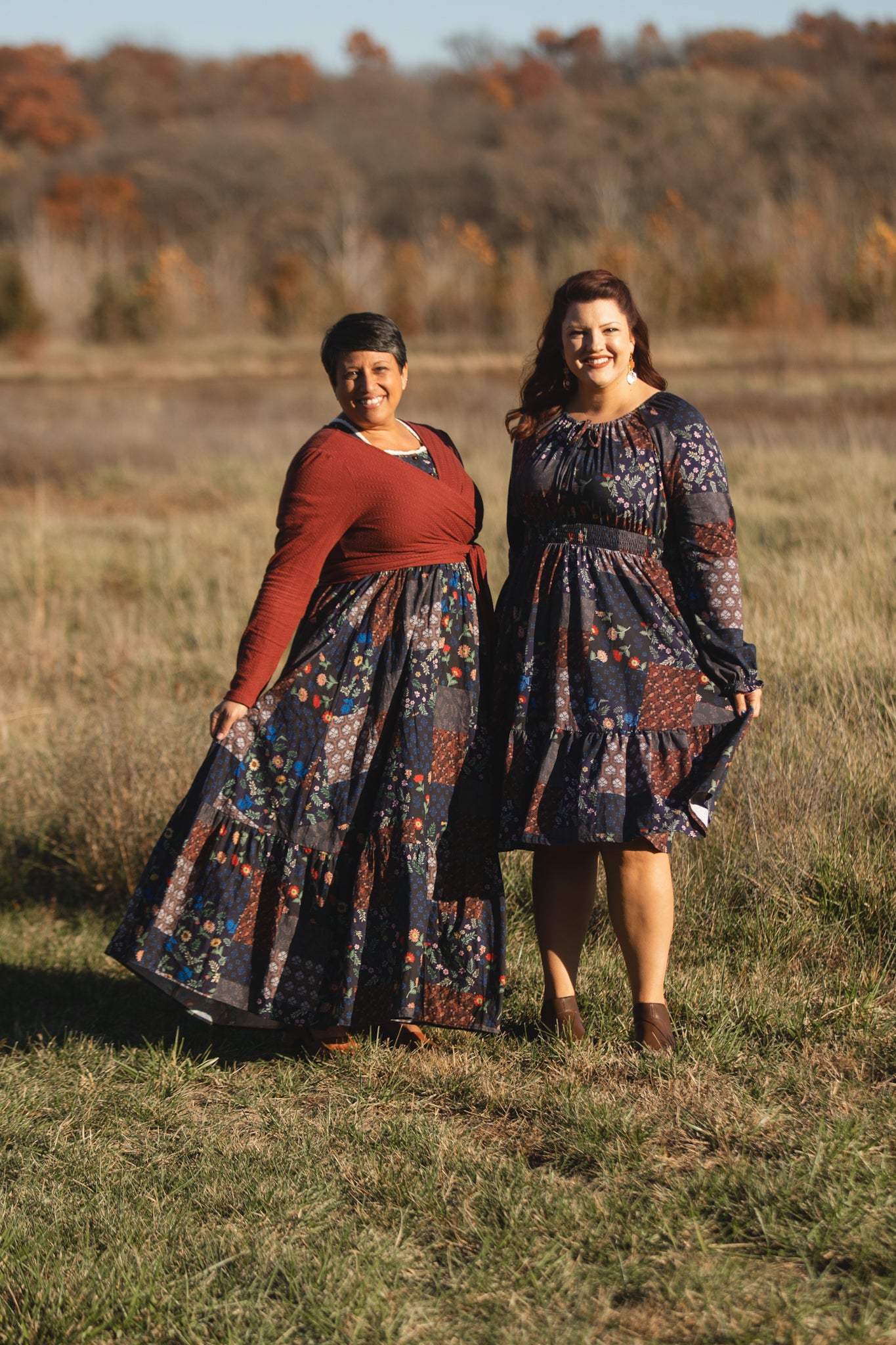 women wearing modest nursing patterned dresses