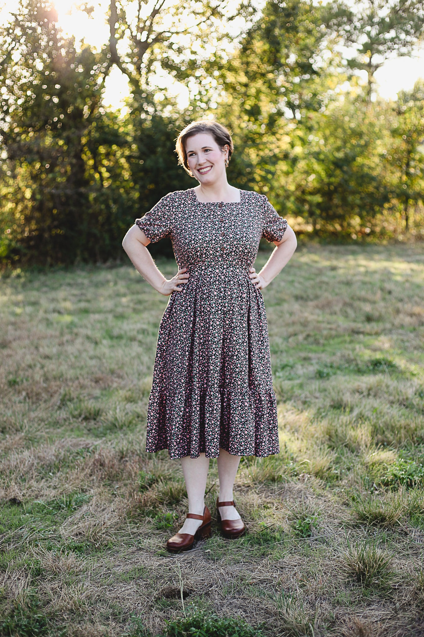 woman wearing a modest nursing floral dress