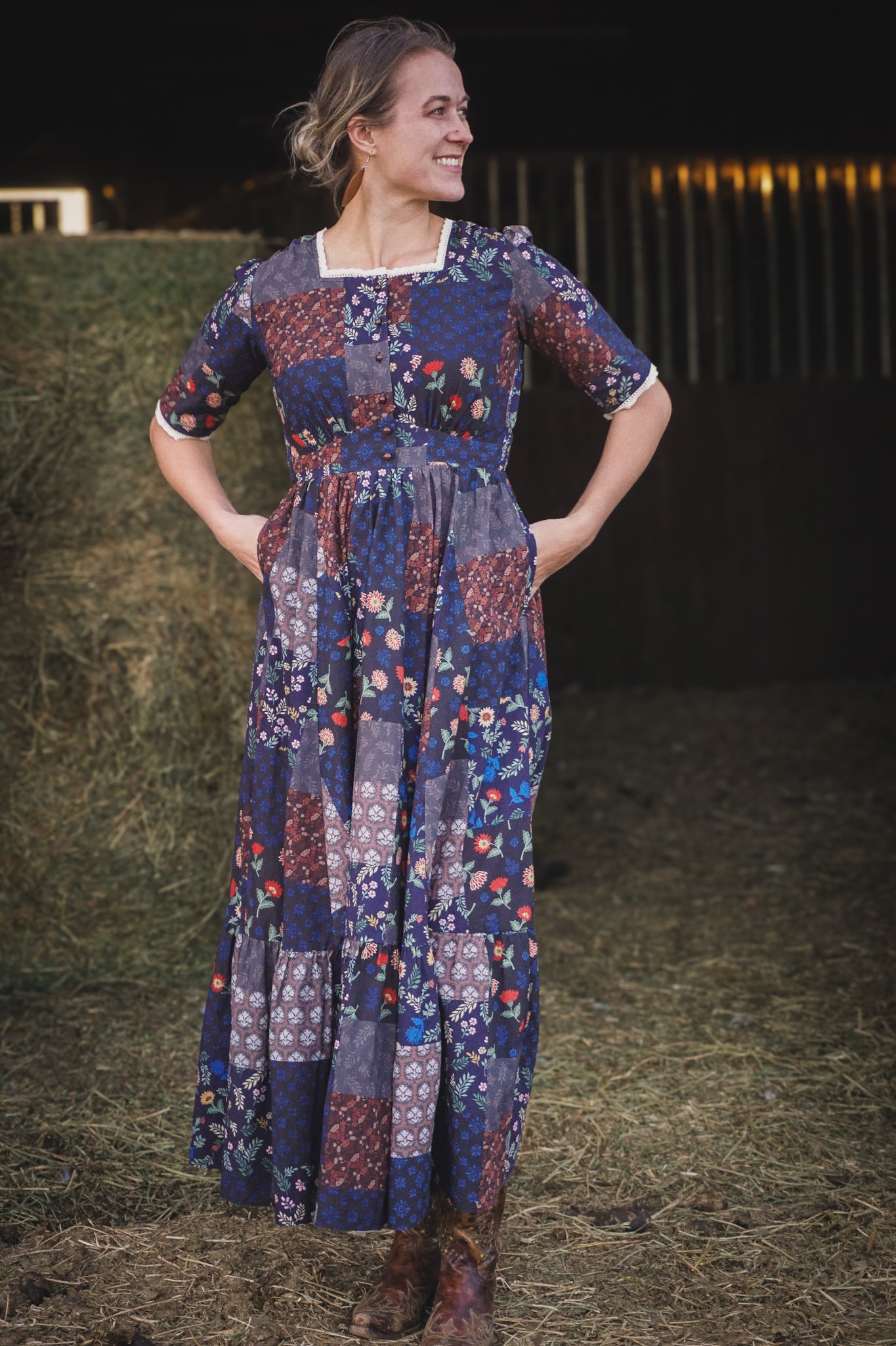 woman wearing a modest nursing patterned dress