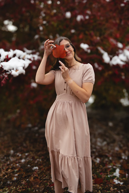 woman wearing a modest nursing floral dress