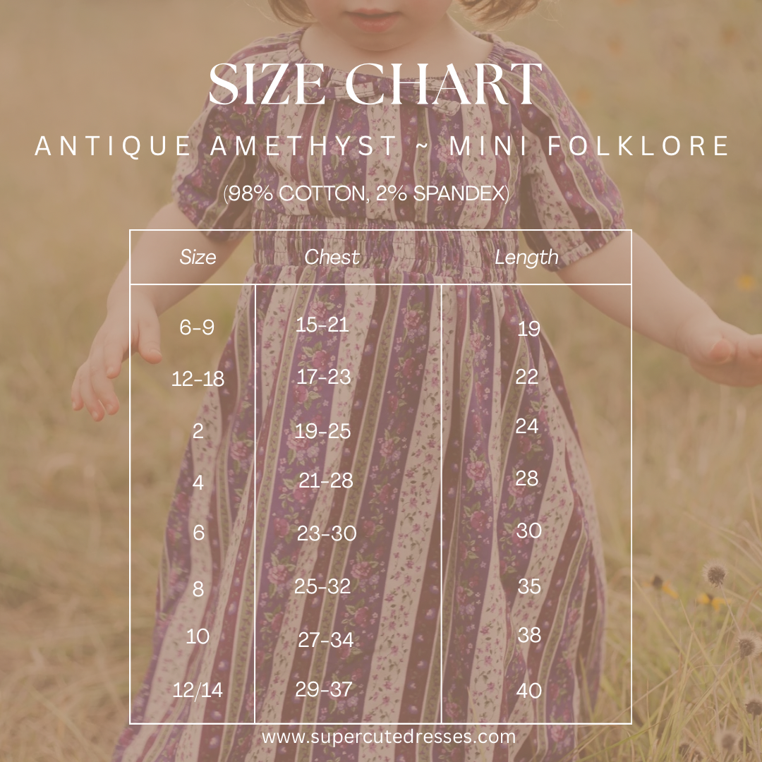 Size chart with girl in amethyst dress