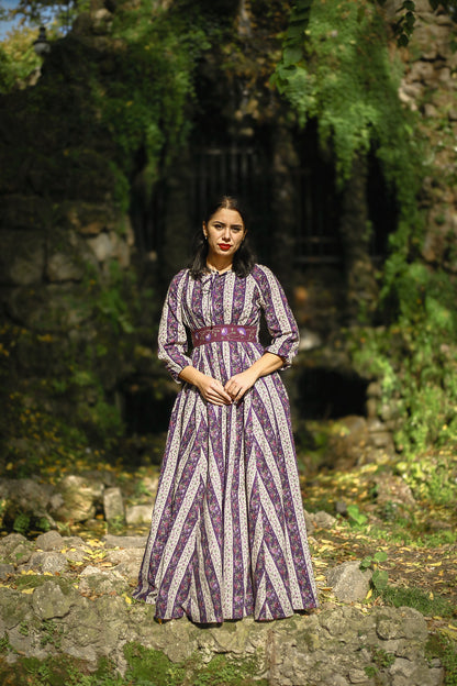 Modest nursing purple patterned maxi dress outdoors