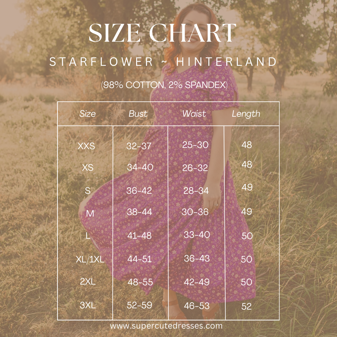 Hinterland dress size chart with measurements