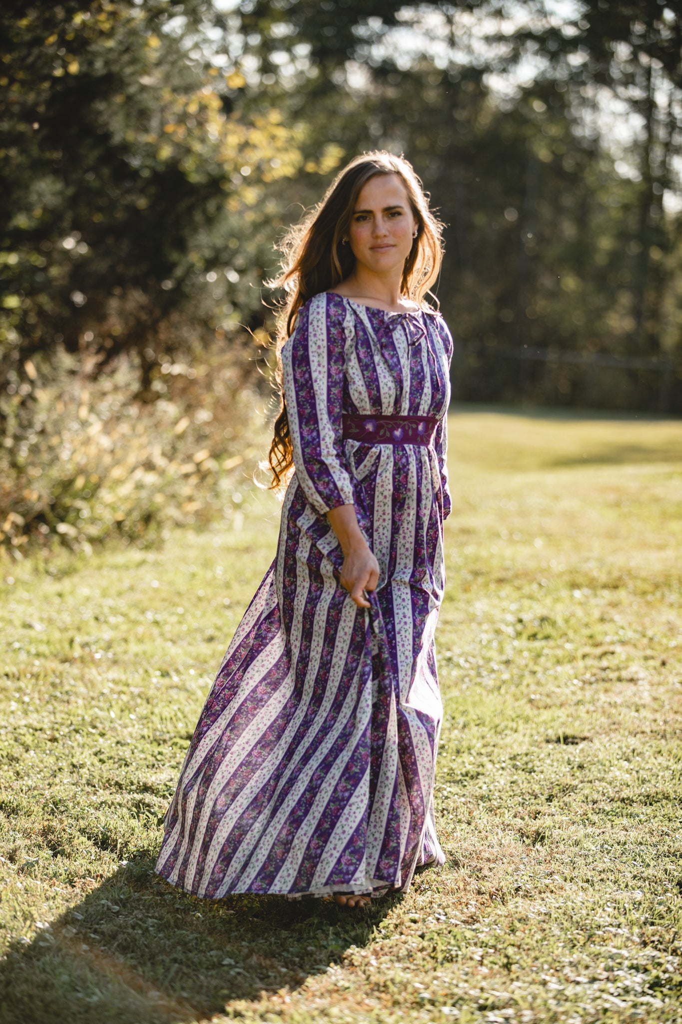 Modest nursing-friendly purple striped maxi dress