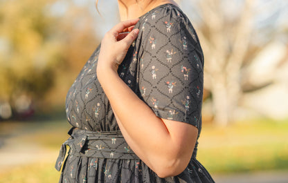 Modest nursing-friendly dark floral dress detail