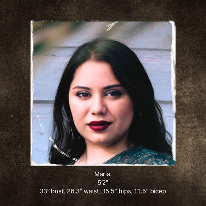 Portrait of a woman with text providing her measurements on a textured brown background