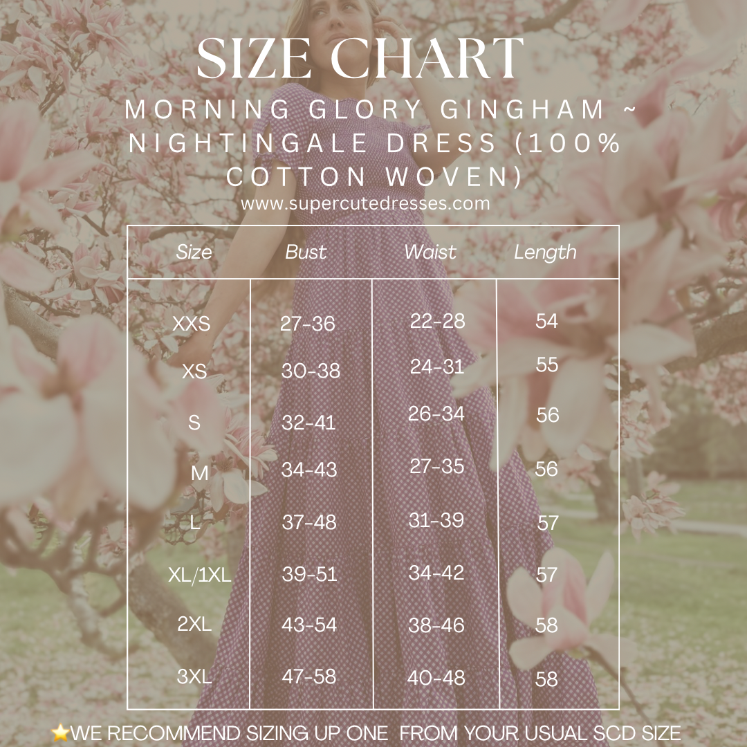 purple, gingham, five-tiered maxi modest nursing dress size chart