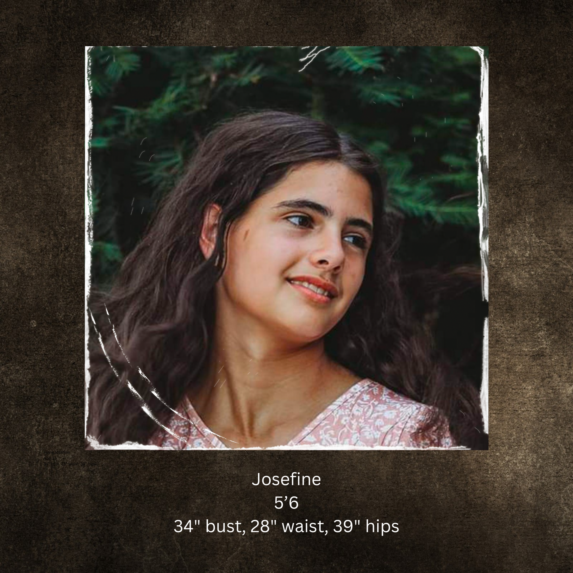 Portrait of a young woman with text about her measurements on a textured brown background