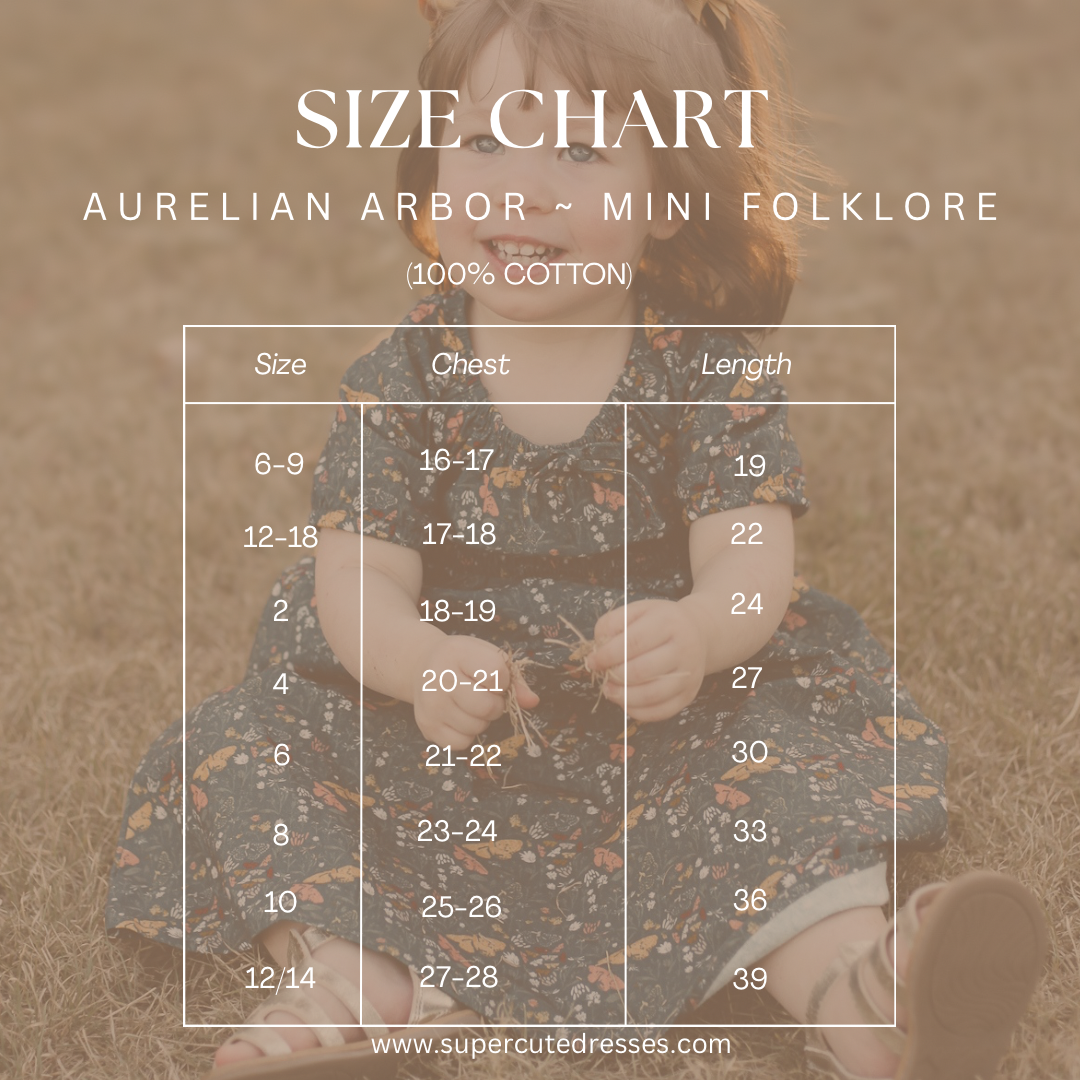 Size chart for dress with child model