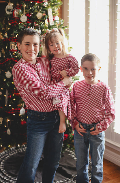 Cranberry Gingham ~ Boy’s Lionheart Henley