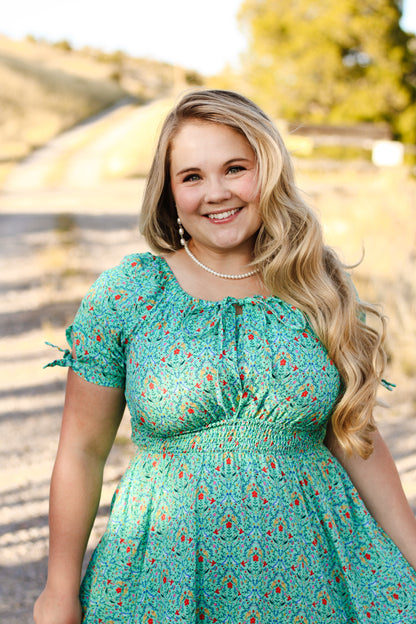 Woman modest nursing teal floral dress