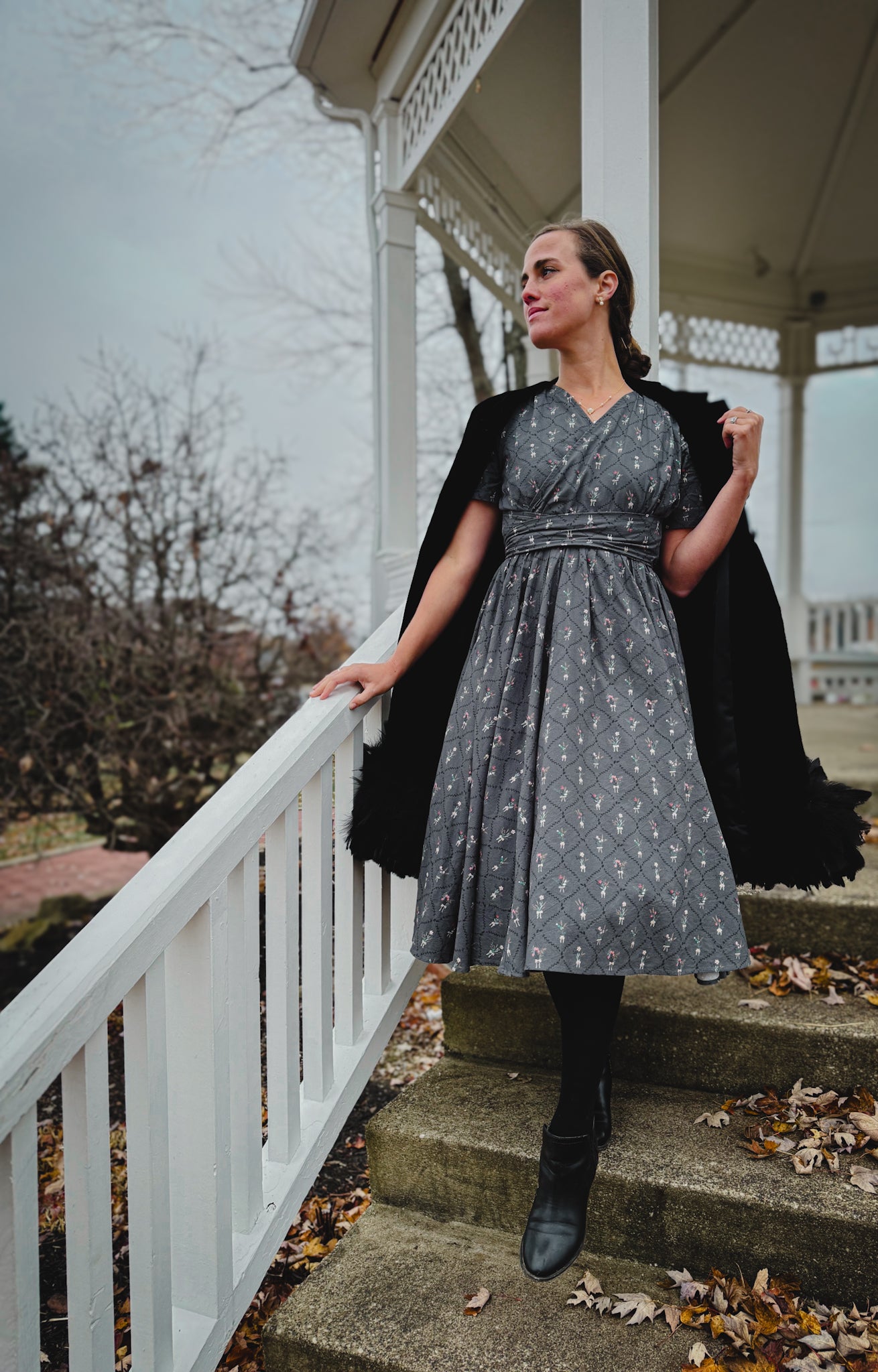 Modest nursing-friendly gray dress with black cardigan