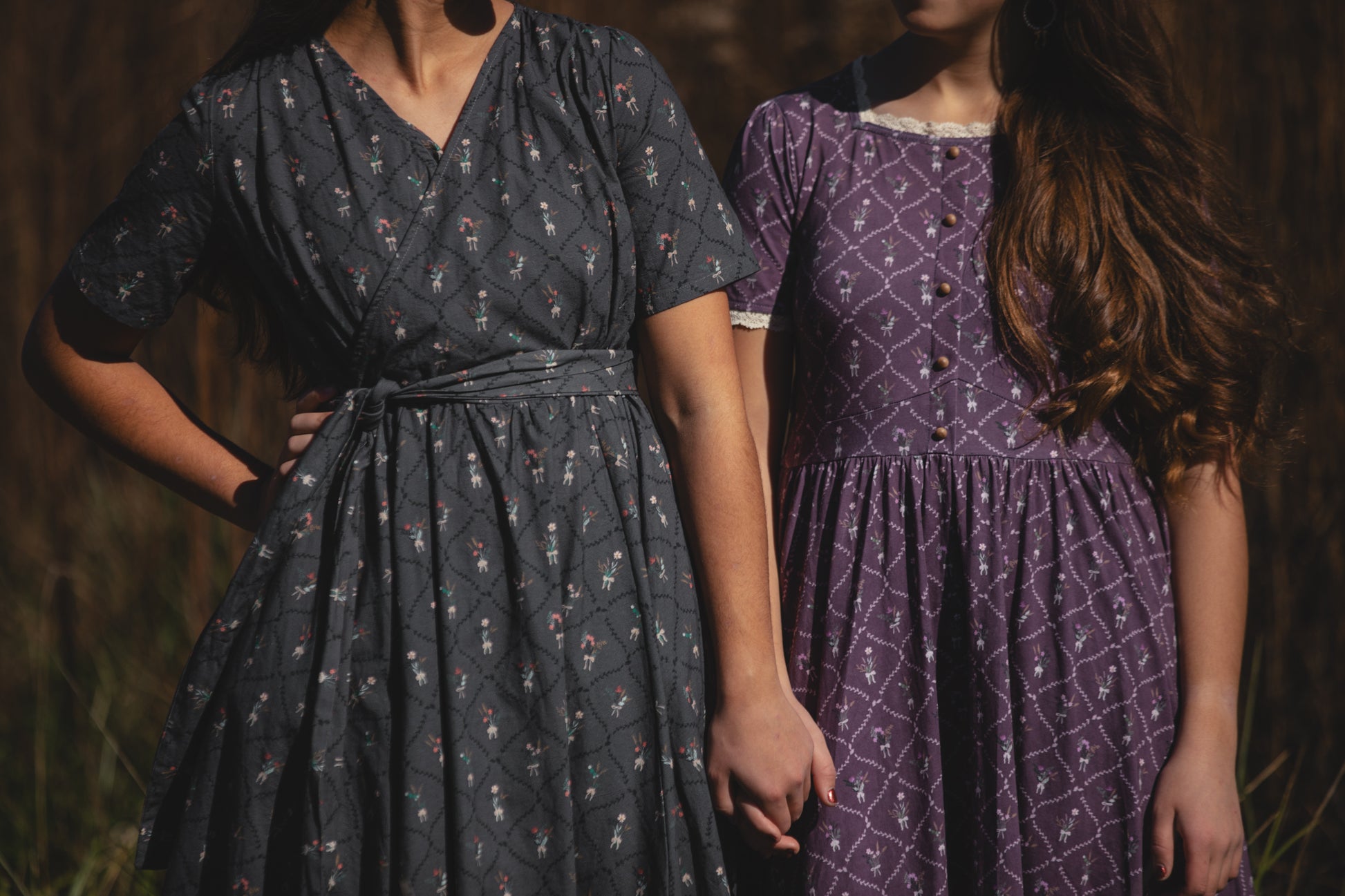 Two modest nursing-friendly patterned dresses