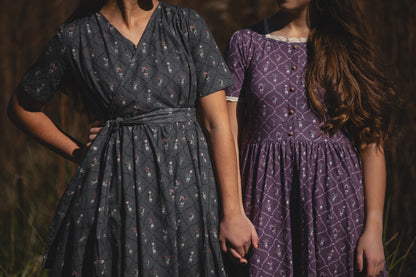 Two modest nursing-friendly patterned dresses