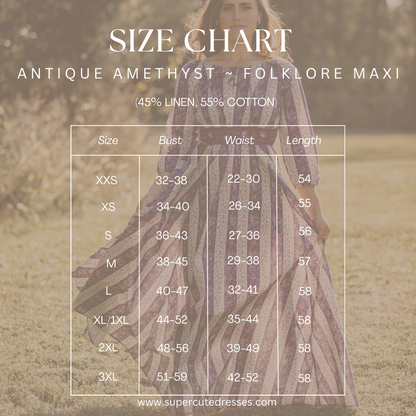 Size chart for modest nursing dress