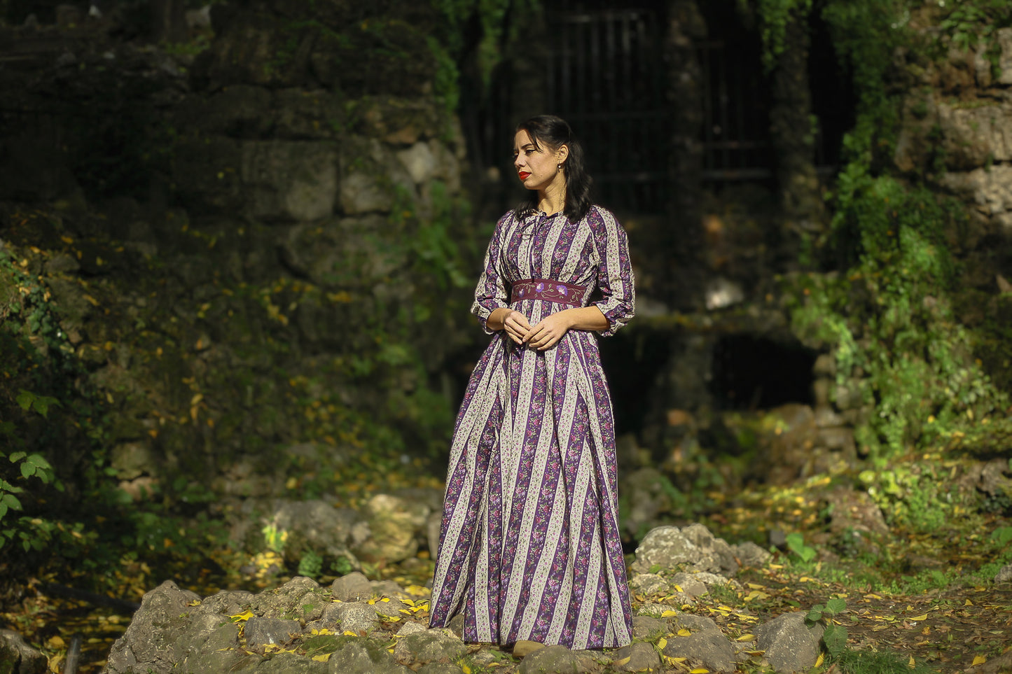 Modest nursing dress purple striped outdoor setting