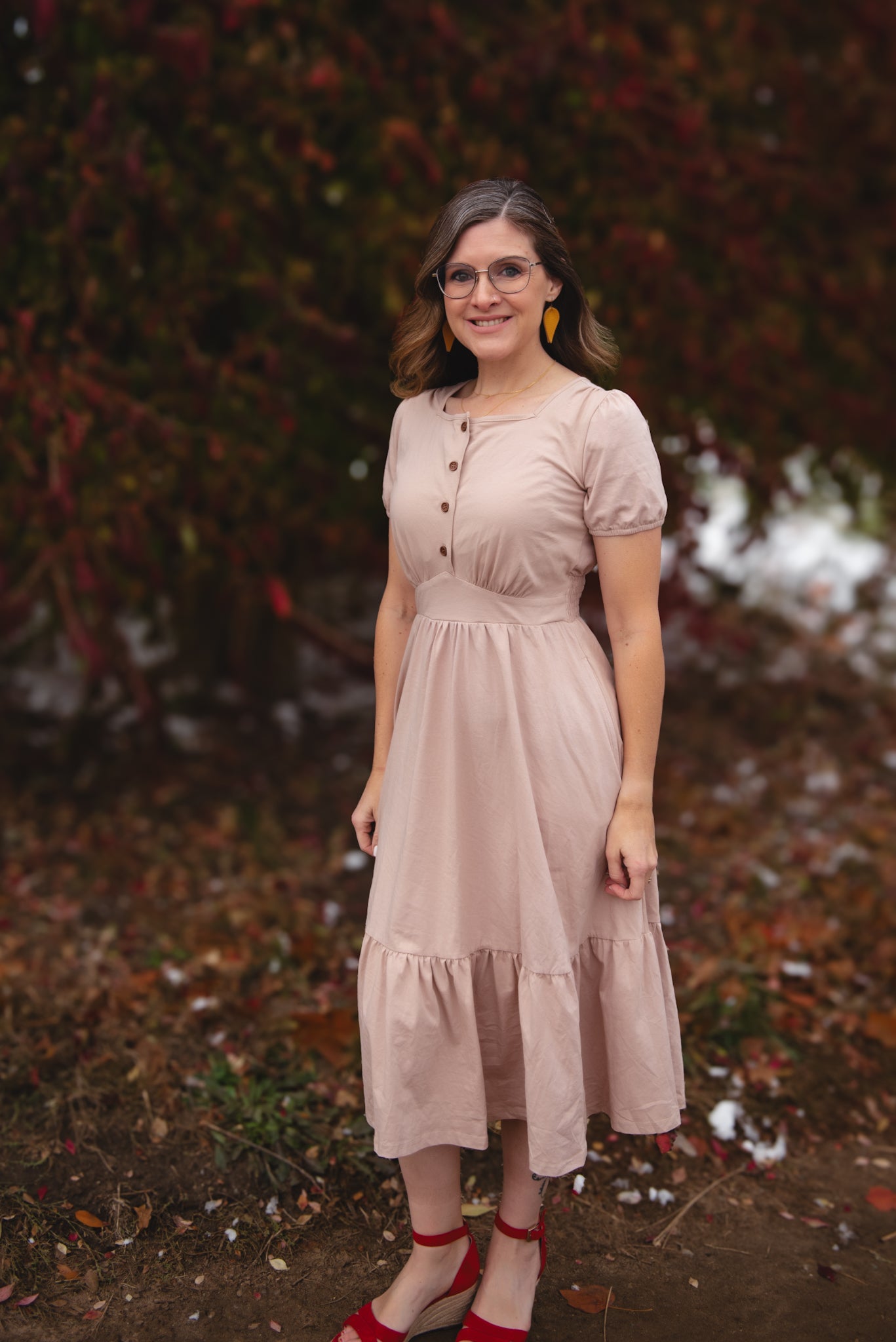 woman wearing a modest nursing floral dress