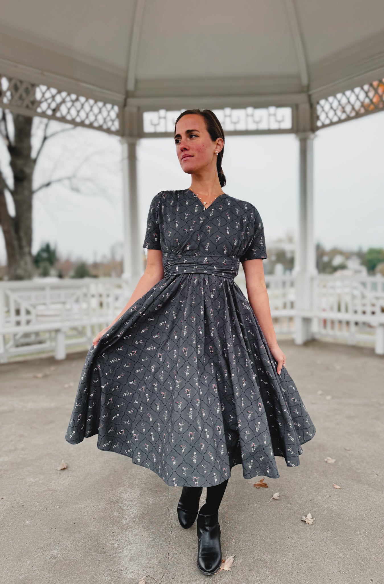 Modest nursing-friendly dark patterned dress by gazebo