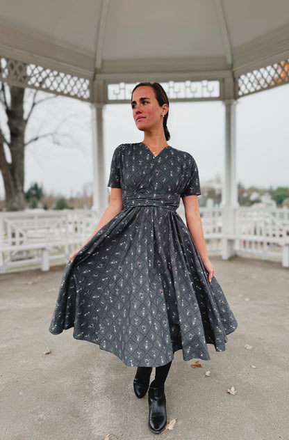 Modest nursing-friendly dark patterned dress by gazebo