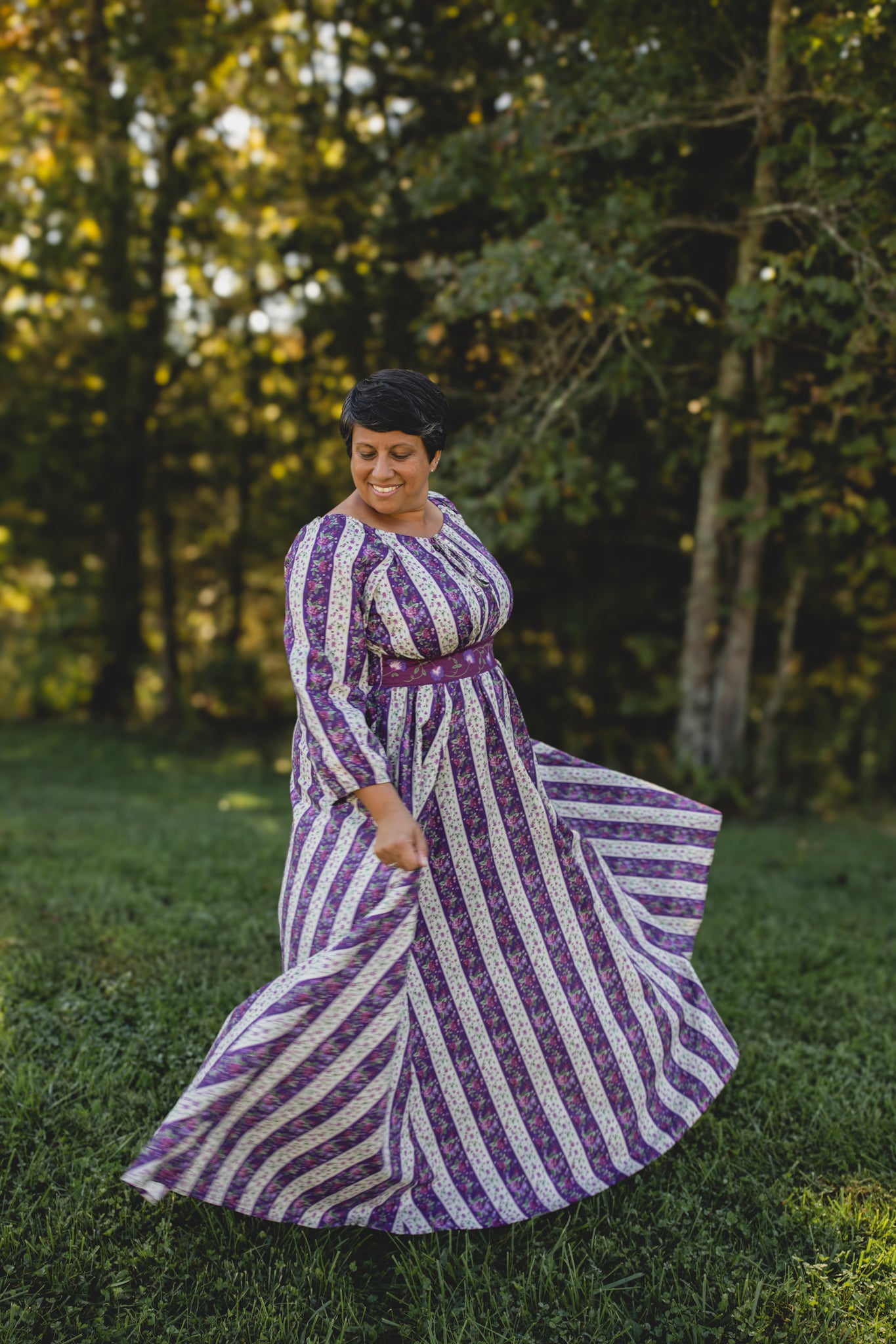 Modest nursing maxi dress with purple stripes