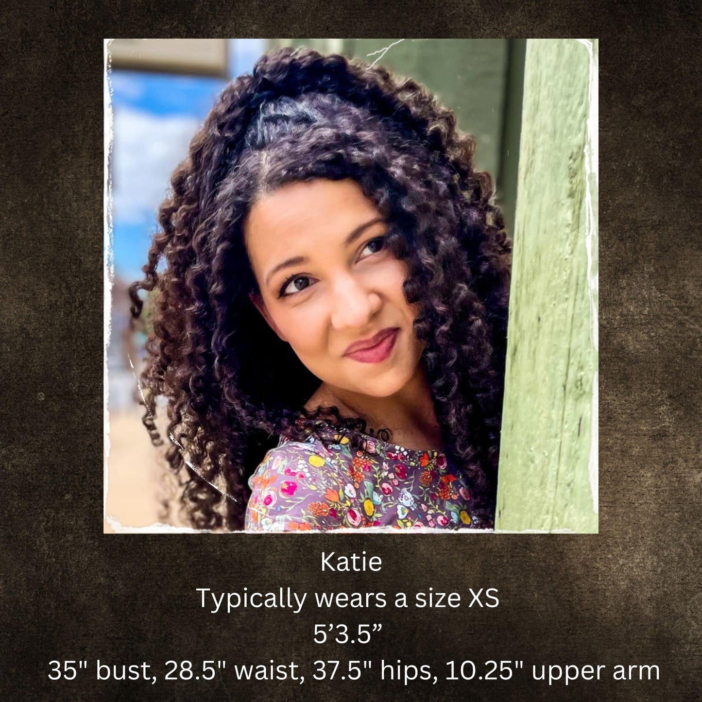 Model with measurements text behind wooden post