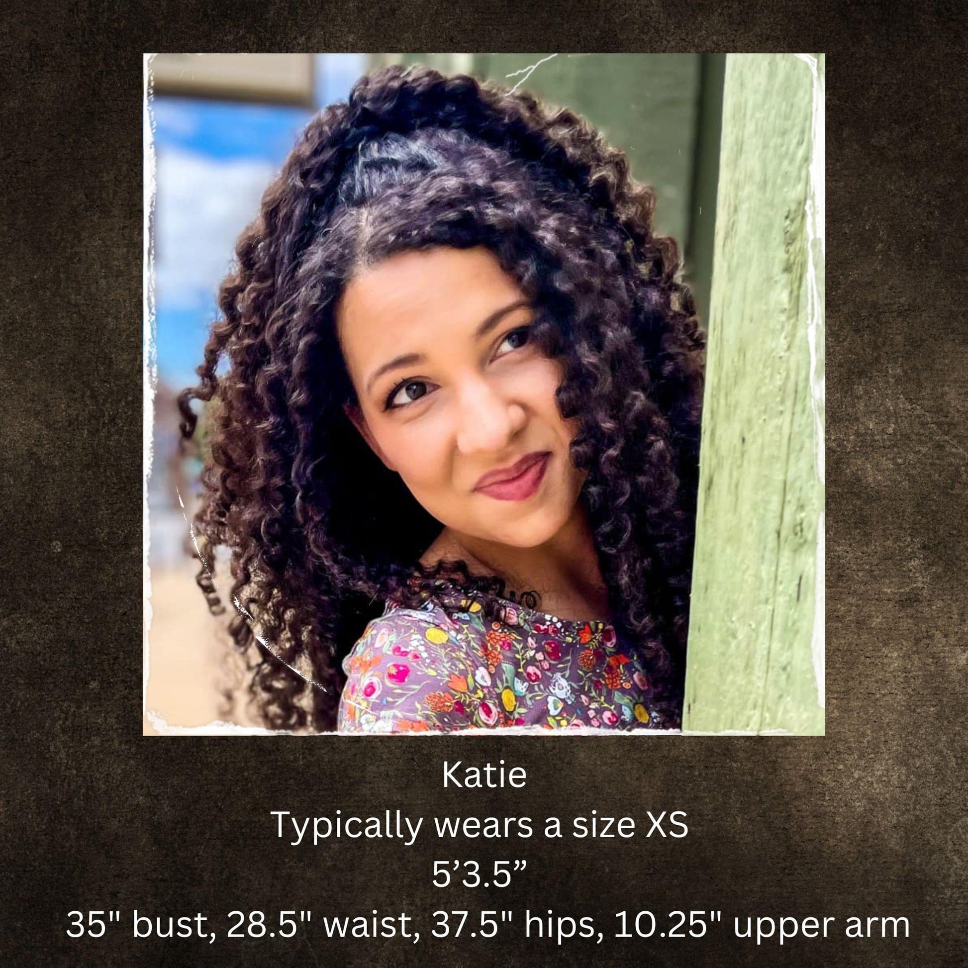 Model with measurements text behind wooden post