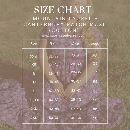 Size chart for a dress with a blurred background of a person wearing the dress.