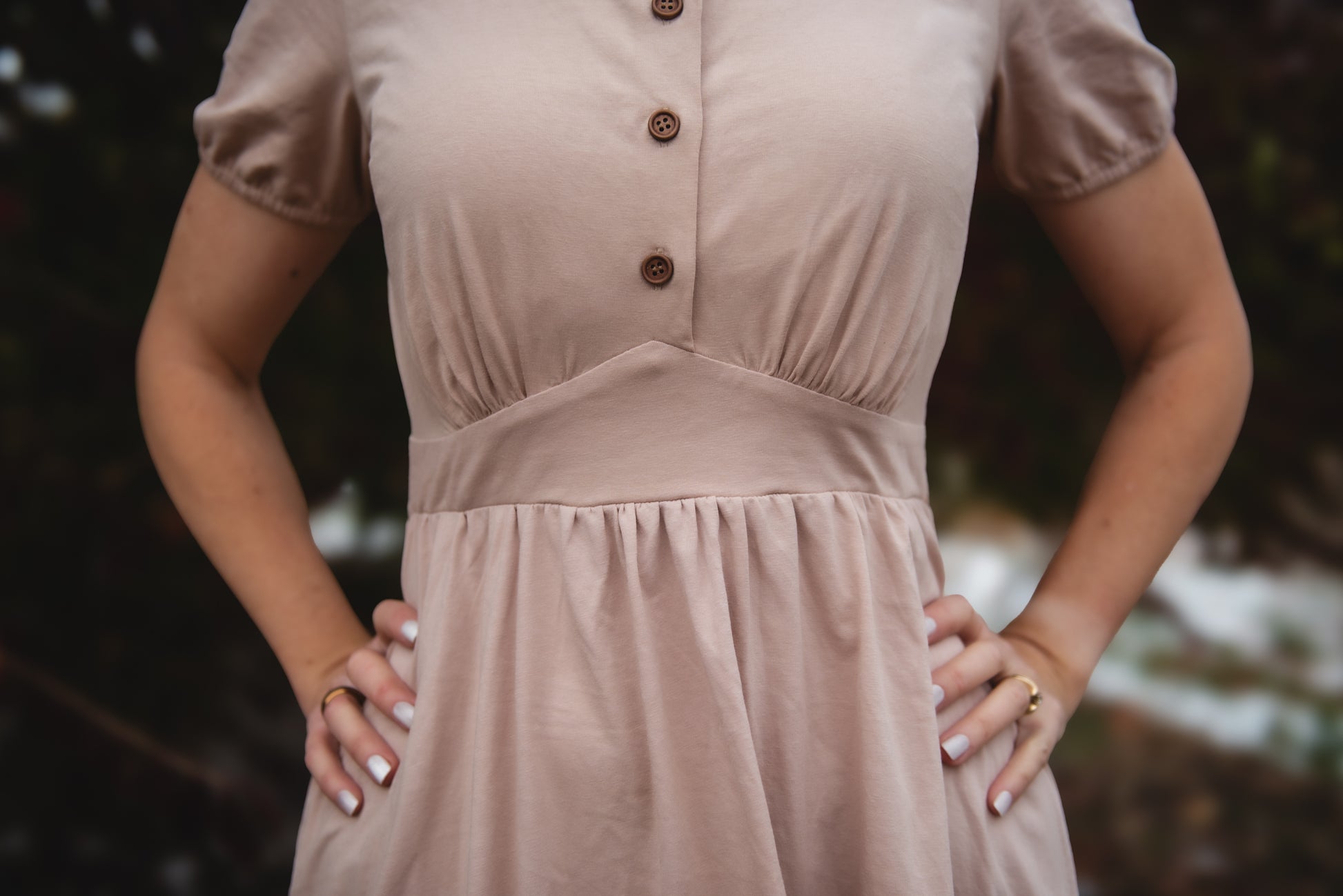 woman wearing a modest nursing floral dress
