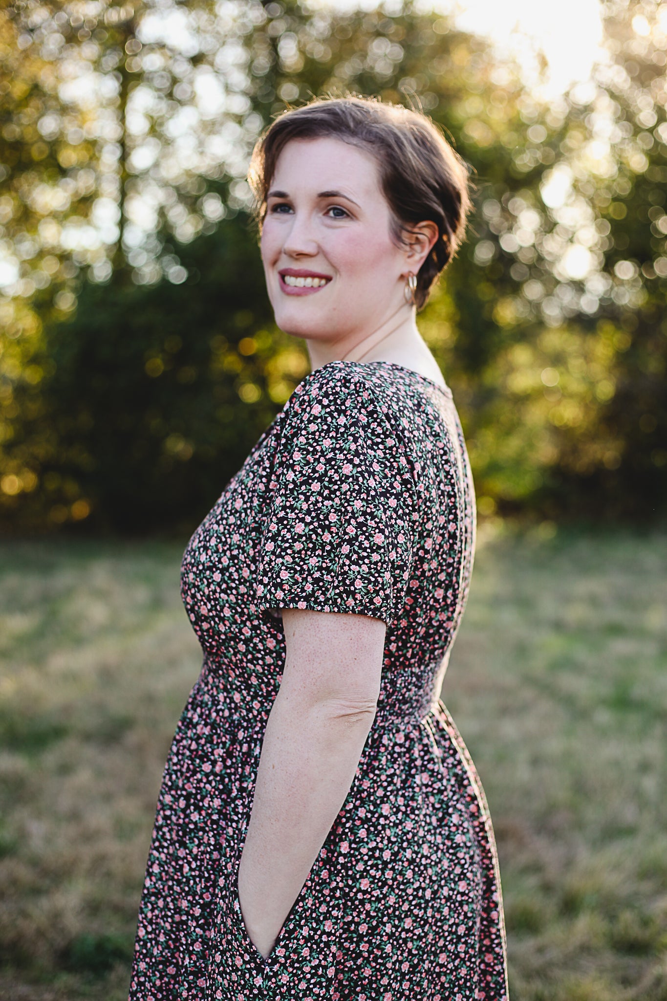 woman wearing a modest nursing floral dress