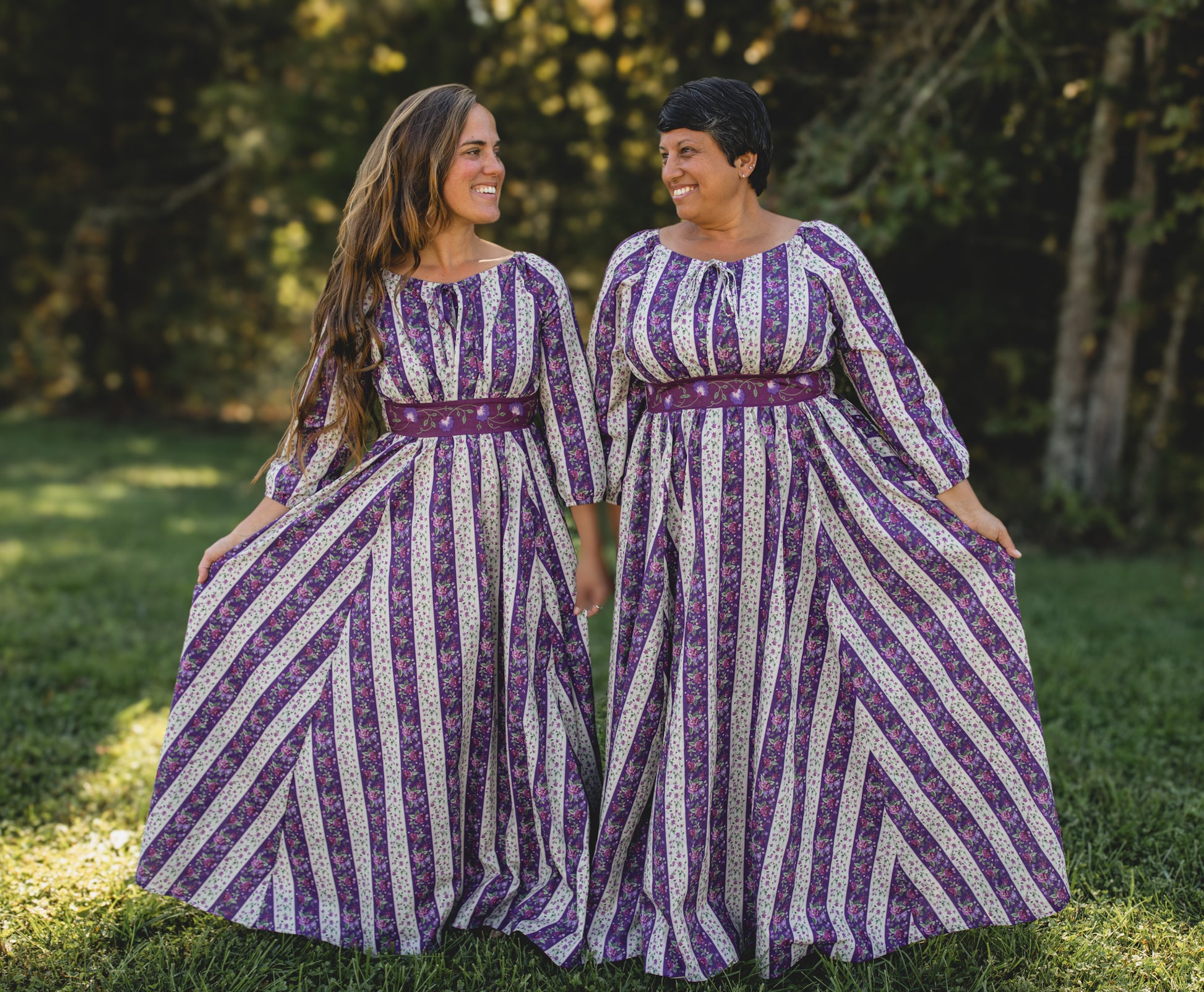 Two women modest nursing striped dresses