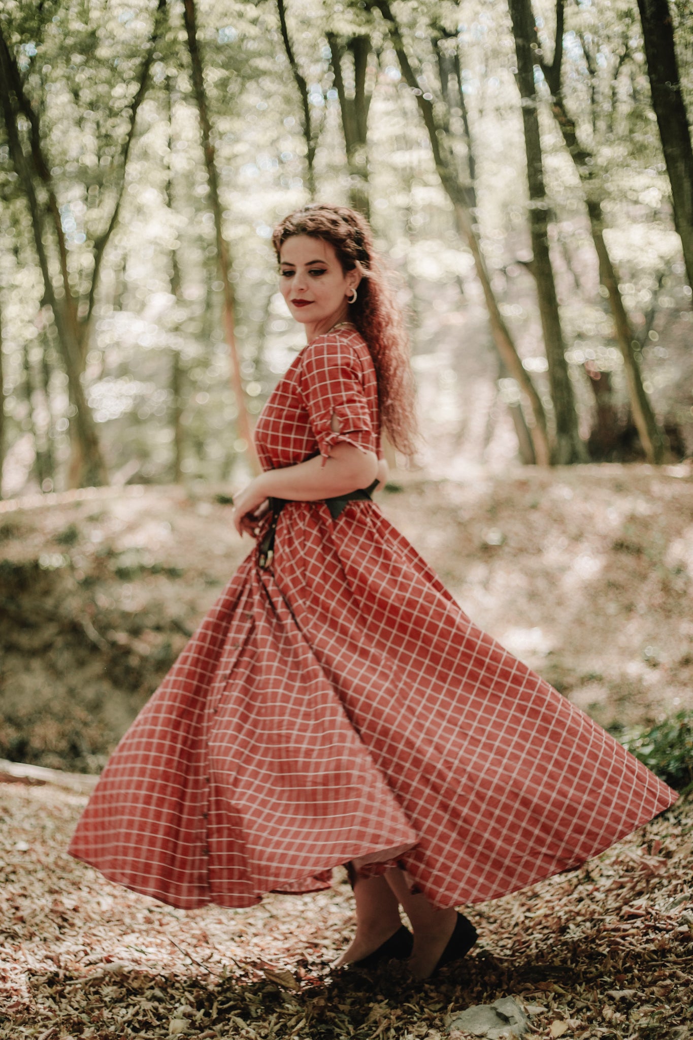 long black bridesmaid dress with sleeves The Evette Zip Front Midi Dress In Mocha Brown Tartan main image 0