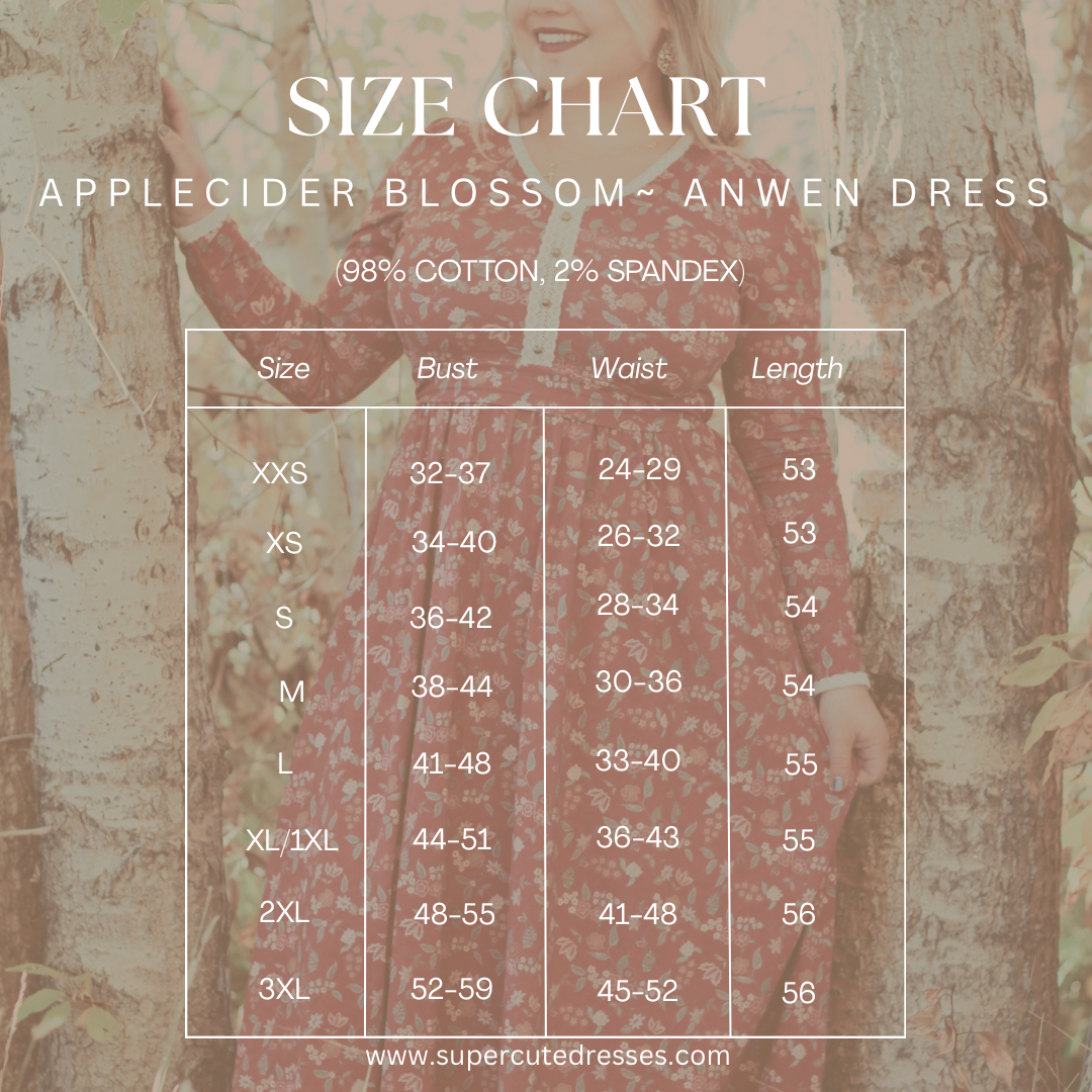 Size chart for modest nursing Anwen dress