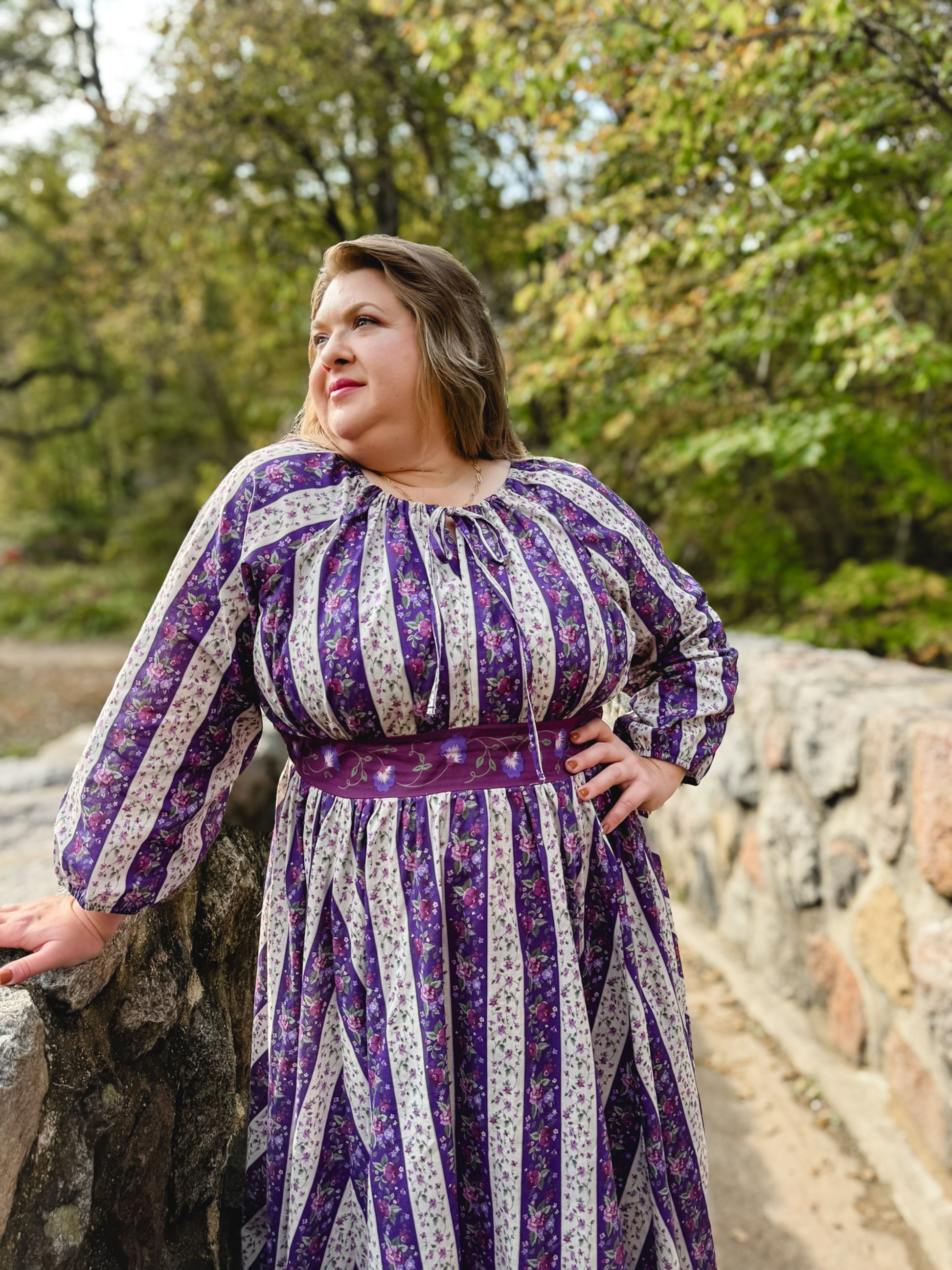 Modest nursing-friendly purple patterned maxi dress