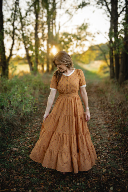 Woman in modest nursing dress forest sunset
