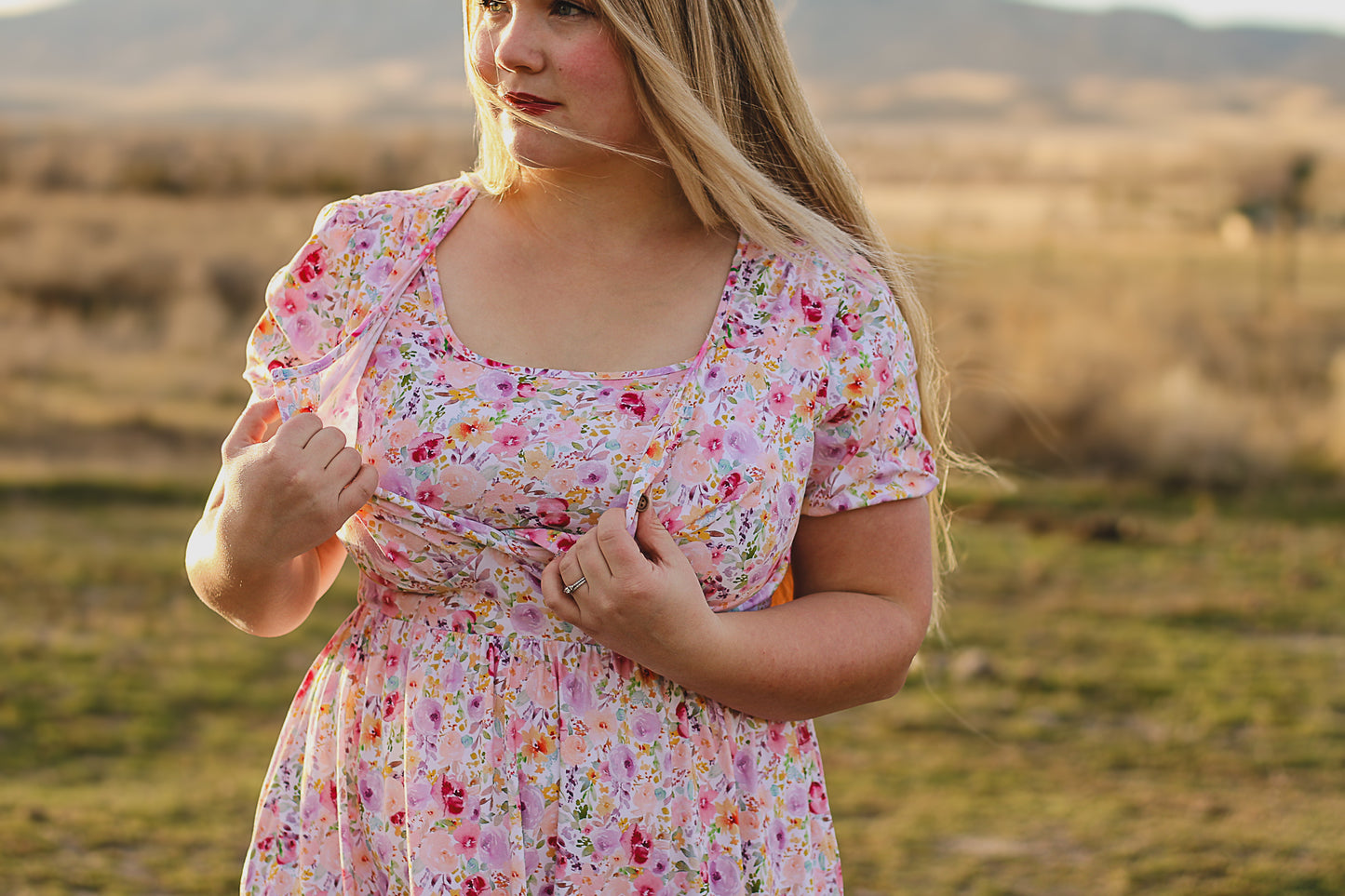 woman wearing a modest nursing floral dress