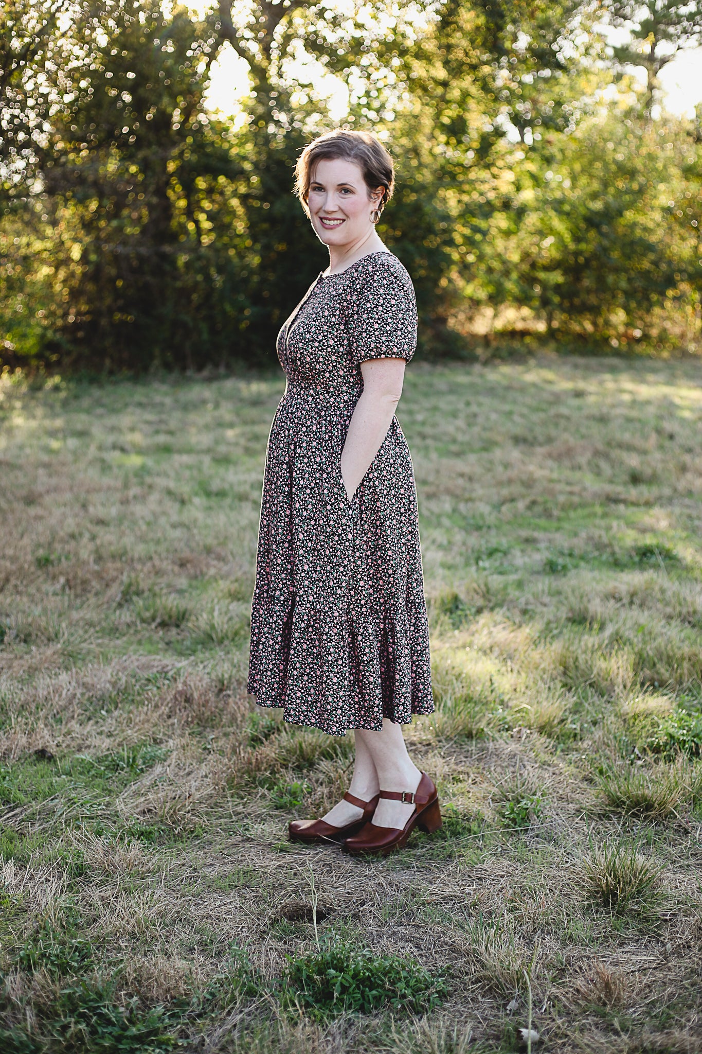 woman wearing a modest nursing floral dress